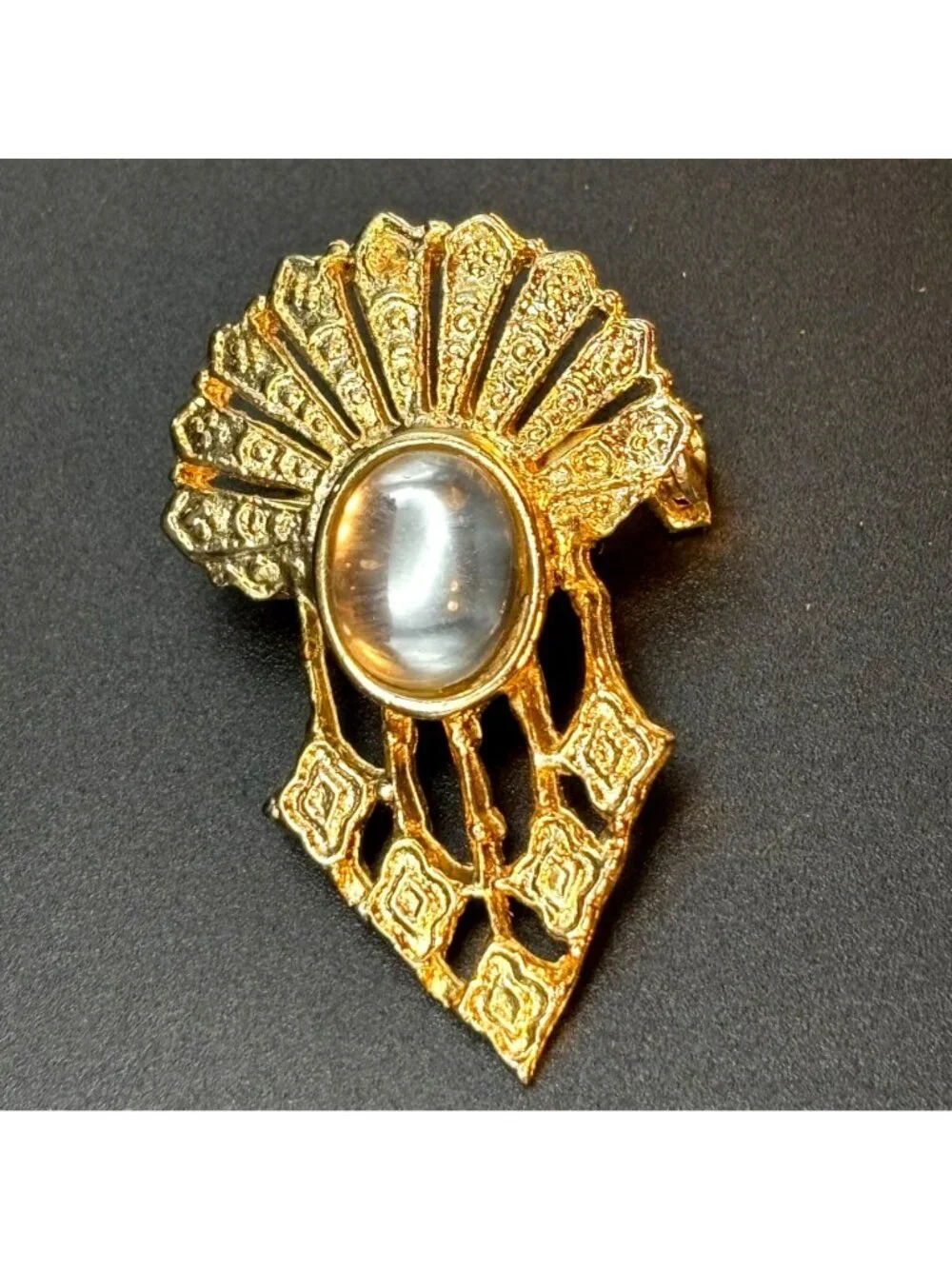 Vintage Art Deco Revival Brooch Mid Century Gold Sunburst Jelly Cabochon Pin MCM